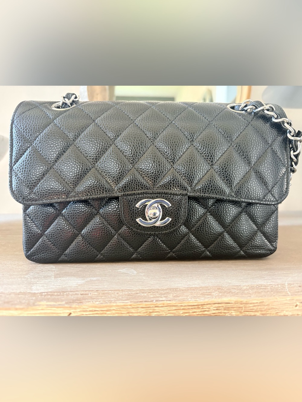 CHANEL Black Quilted Caviar Leather Shoulder Bag with Silver CC Turnlock